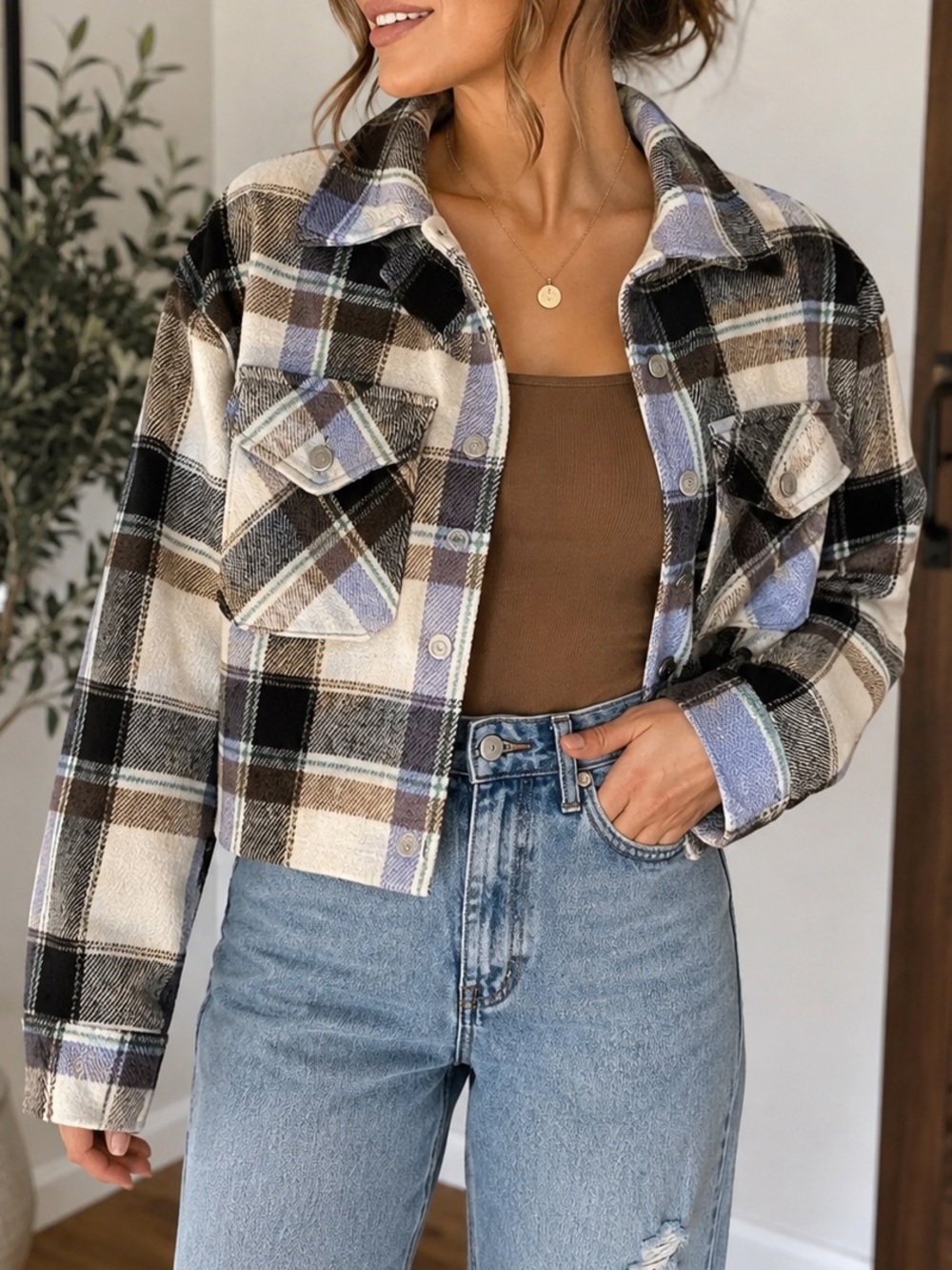 Multicolor Blue and Brown Plaid Semi Cropped Fit Jacket- Large